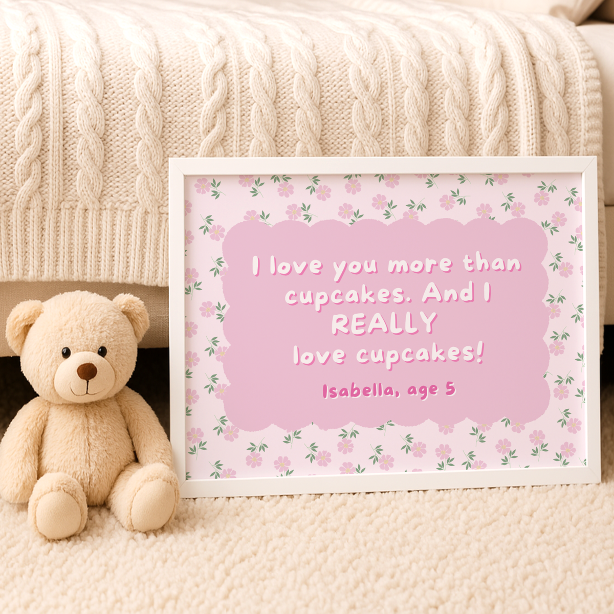 Custom Floral Kids Quote Wall Art - Pastel Pink Horizontal Print