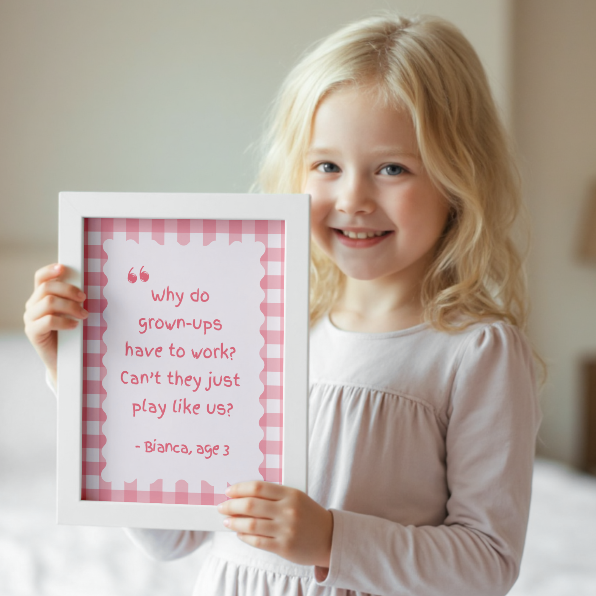 Cute Checkered Wall Art for Kids - Pastel Pink Vertical Print