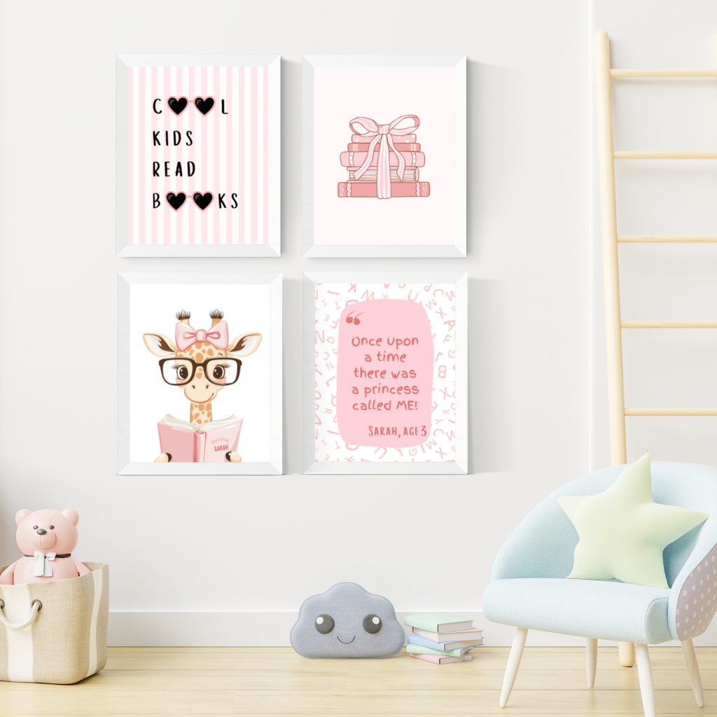 Personalized Pink Book Lover Wall Gallery for Kids Reading Nooks