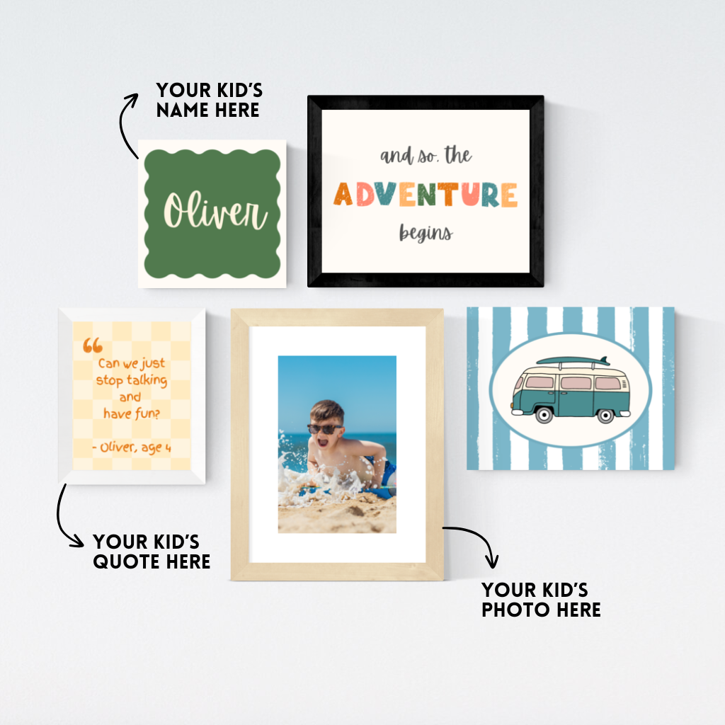 Personalized Kids Gallery Wall Beach Adventure in Blue