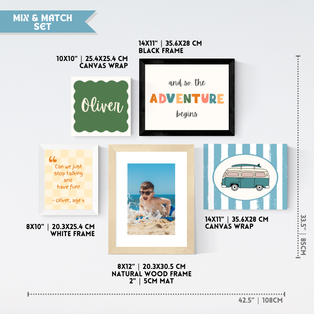 Personalized Kids Gallery Wall Beach Adventure in Blue