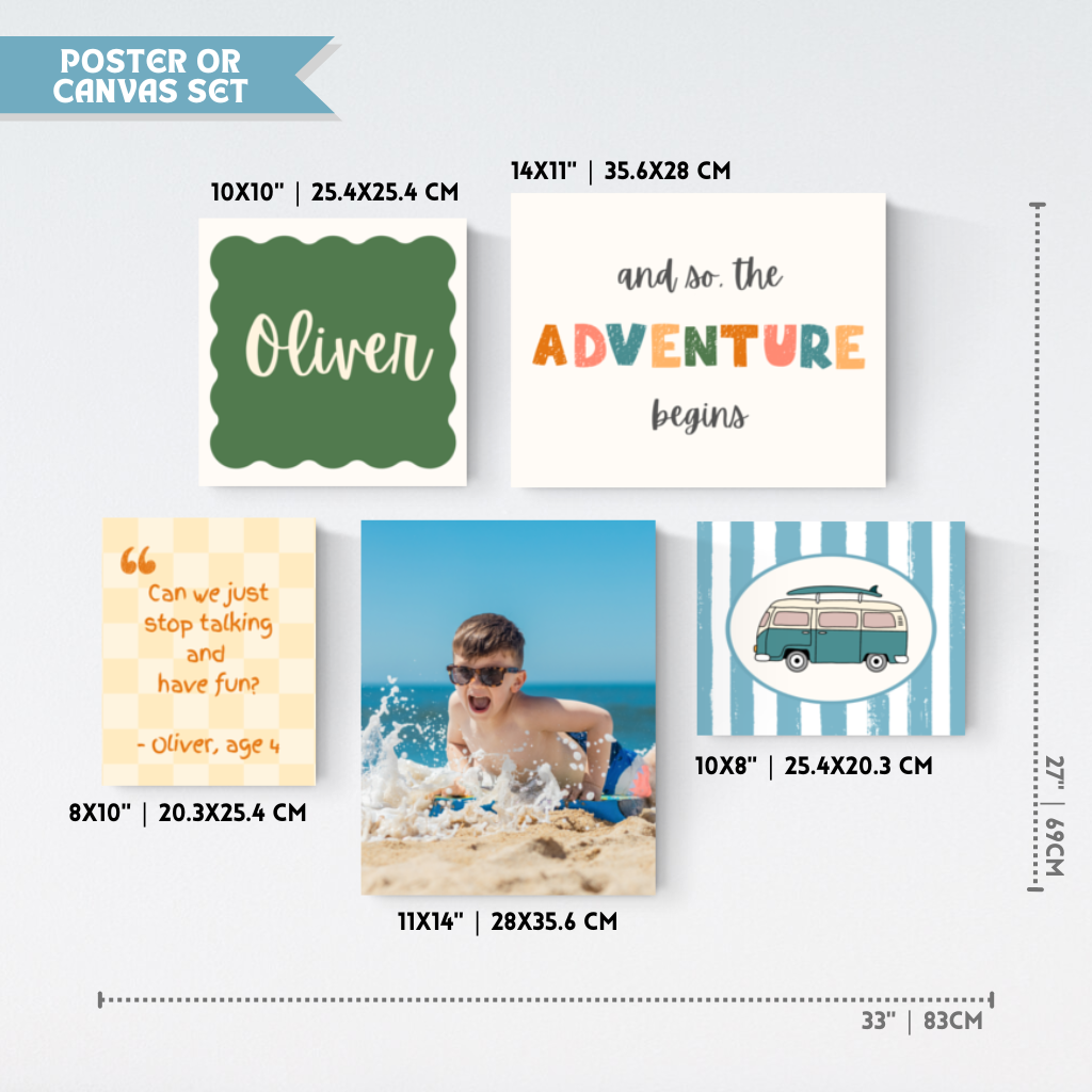 Personalized Kids Gallery Wall Beach Adventure in Blue